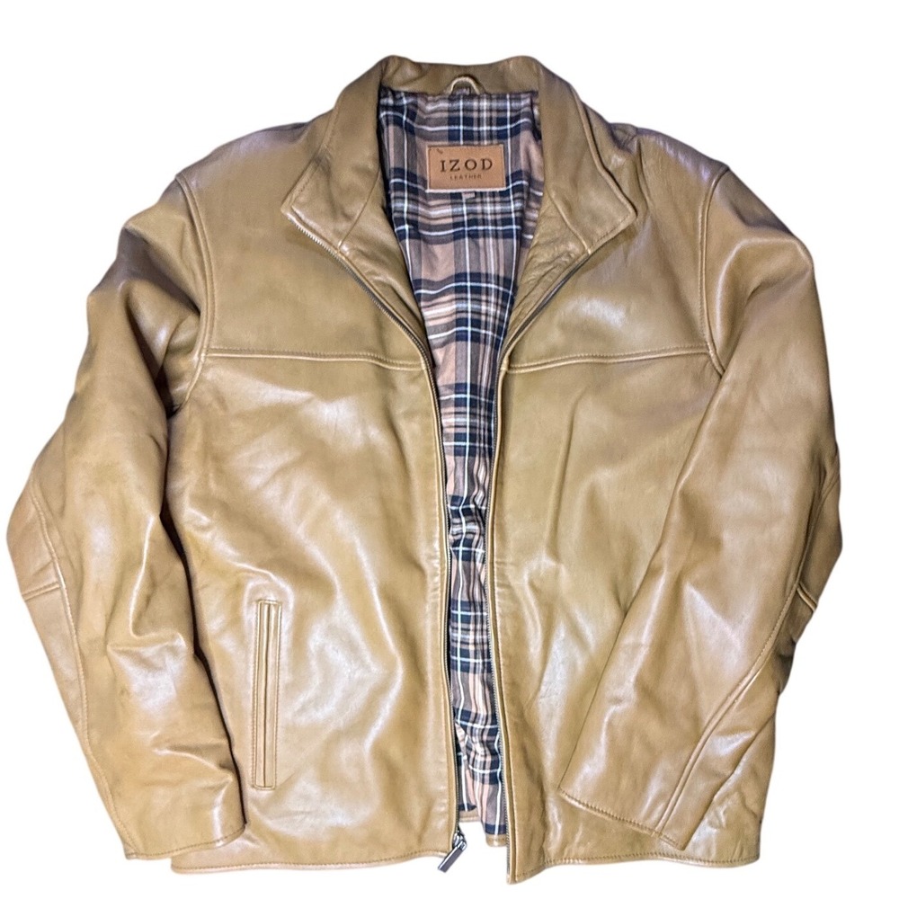 IZOD‎ Leather Jacket Tan Brown Full Zip Plaid Lined Womens XL Outerwear